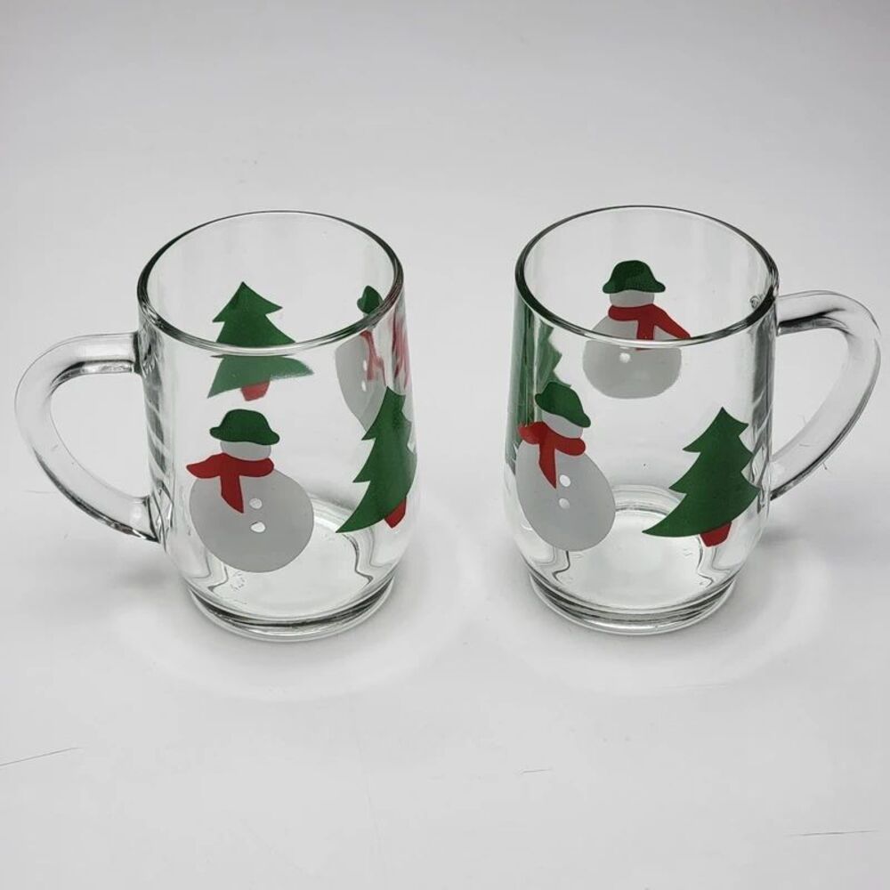 Vintage Luminarc Snowman Christmas Glass Mugs Set of 2 Clear Cocoa Cups Tree